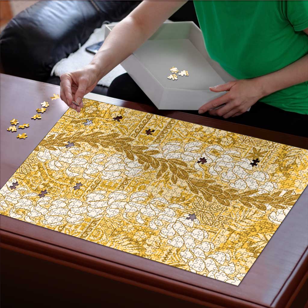 Gold Puakenikeni and Maile Lei Puzzle Hawaiian Style Tribal Tapa Double Strand Lei LT9 - Polynesian Pride