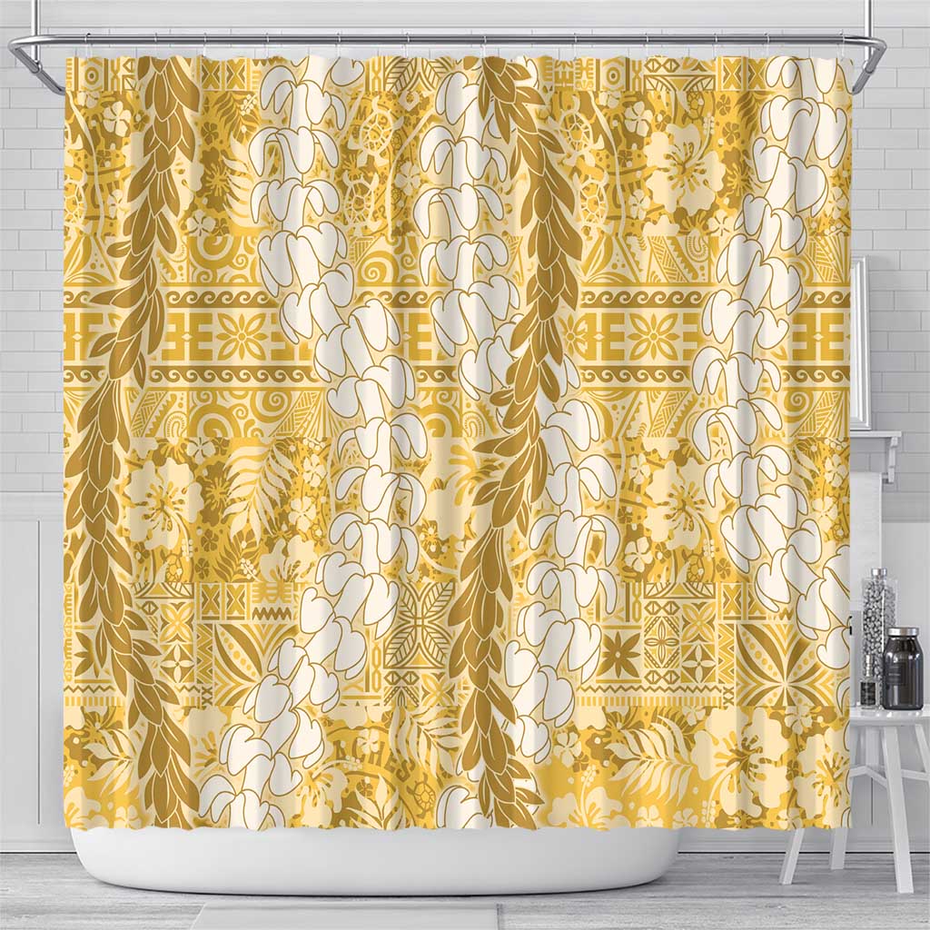 Gold Puakenikeni and Maile Lei Shower Curtain Hawaiian Style Tribal Tapa Double Strand Lei LT9 - Polynesian Pride