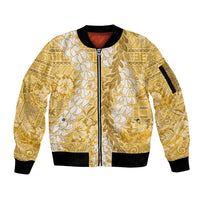 Gold Puakenikeni and Maile Lei Sleeve Zip Bomber Jacket Hawaiian Style Tribal Tapa Double Strand Lei LT9 Unisex Gold - Polynesian Pride