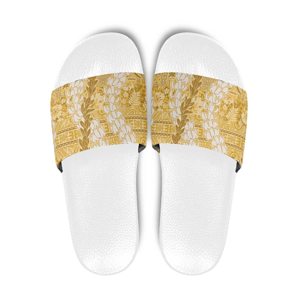 Gold Puakenikeni and Maile Lei Slide Sandals Hawaiian Style Tribal Tapa Double Strand Lei LT9 Gold - Polynesian Pride