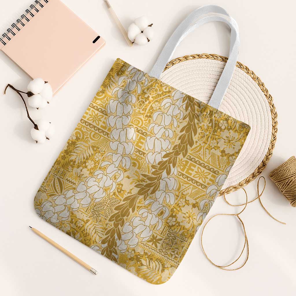 Gold Puakenikeni and Maile Lei Tote Bag Hawaiian Style Tribal Tapa Double Strand Lei LT9 White Strap One Size Gold - Polynesian Pride