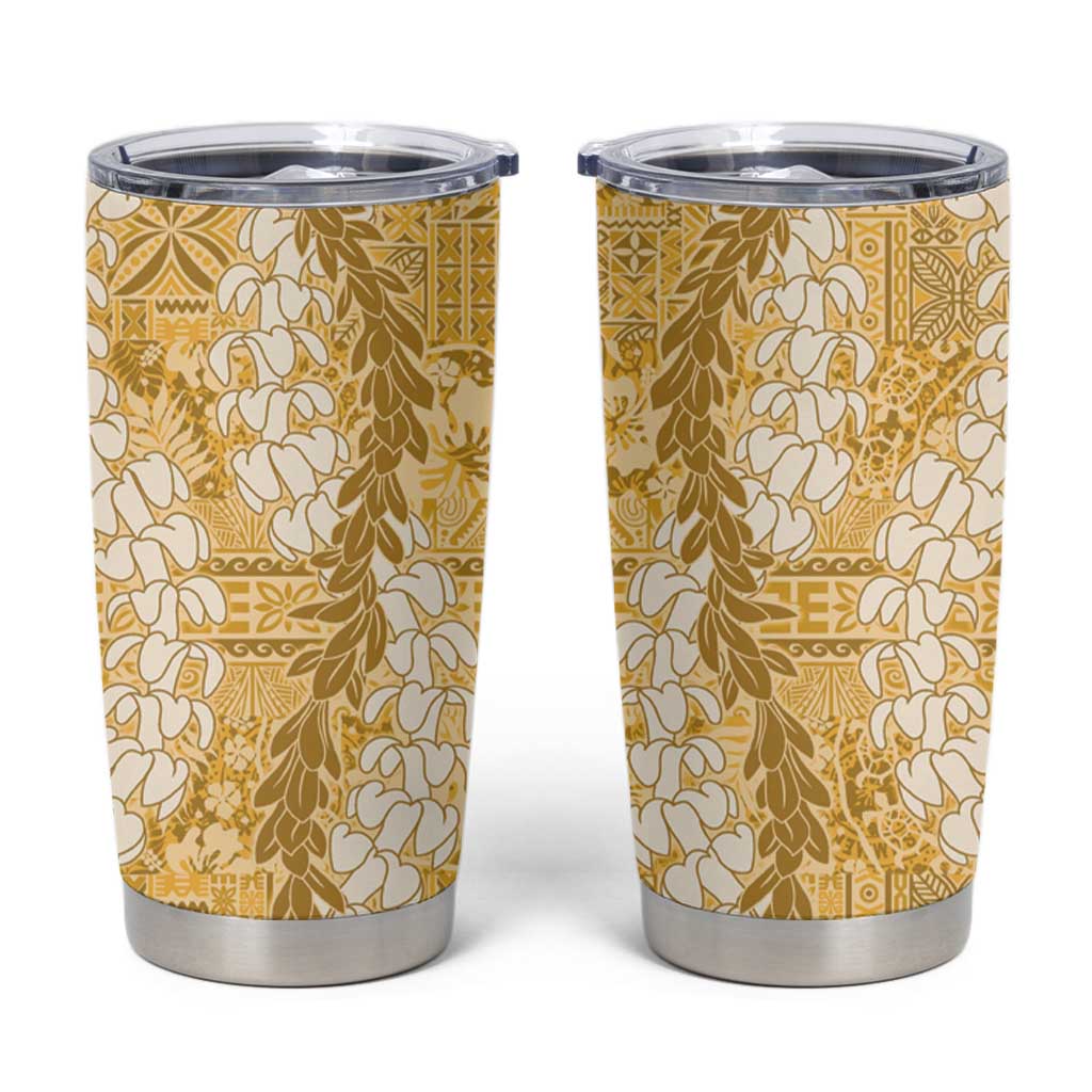 Gold Puakenikeni and Maile Lei Tumbler Cup Hawaiian Style Tribal Tapa Double Strand Lei