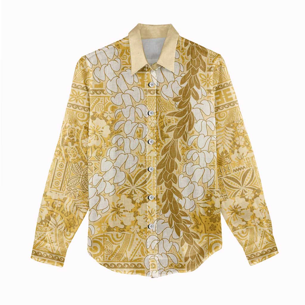 Gold Puakenikeni and Maile Lei Women Casual Shirt Hawaiian Style Tribal Tapa Double Strand Lei