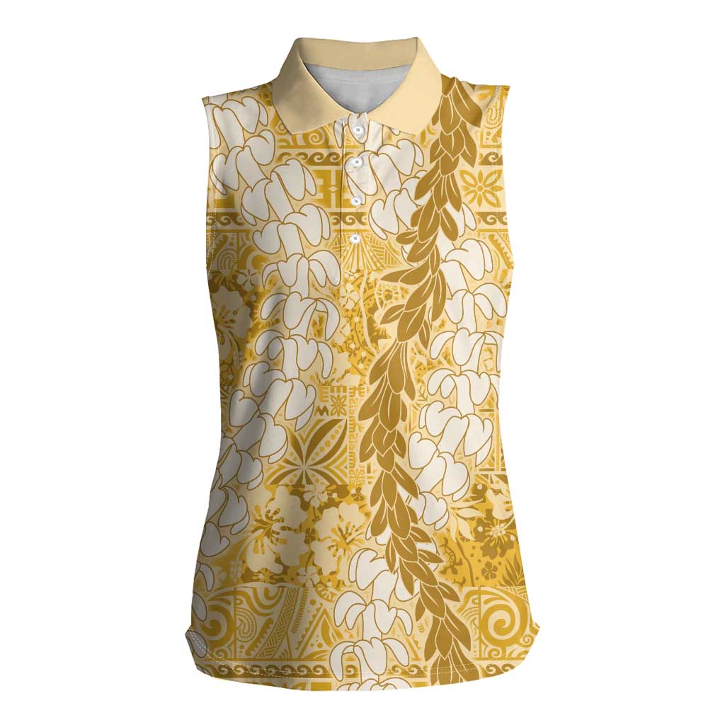 Gold Puakenikeni and Maile Lei Women Sleeveless Polo Shirt Hawaiian Style Tribal Tapa Double Strand Lei