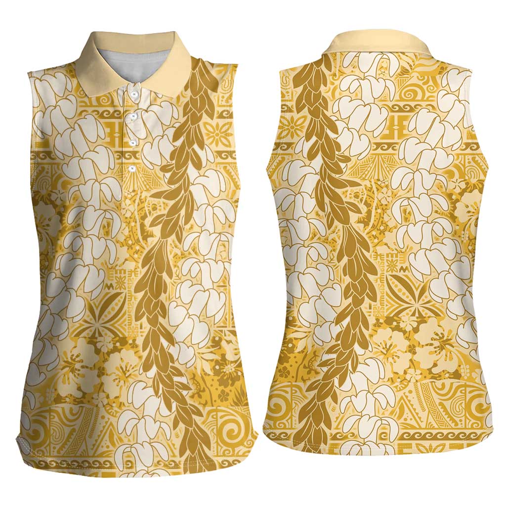 Gold Puakenikeni and Maile Lei Women Sleeveless Polo Shirt Hawaiian Style Tribal Tapa Double Strand Lei