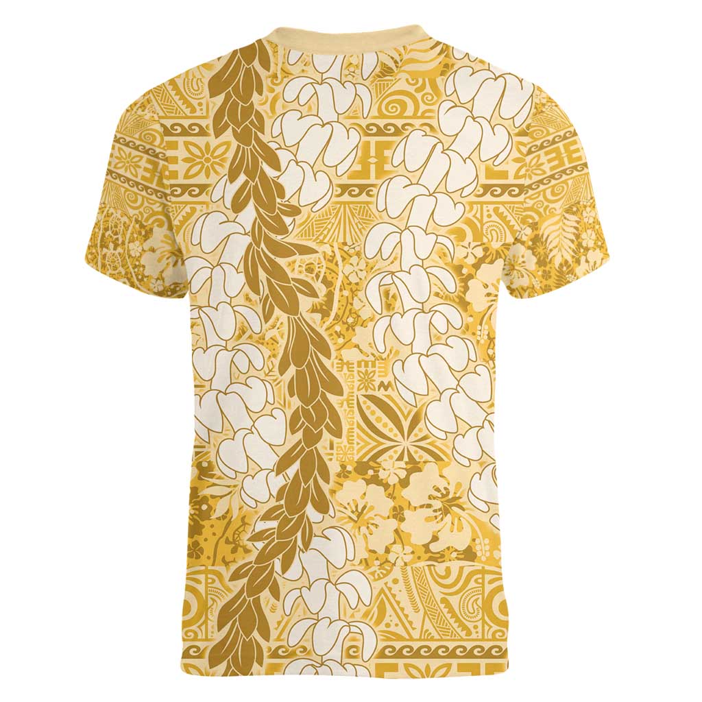 Gold Puakenikeni and Maile Lei Women V-Neck T-Shirt Hawaiian Style Tribal Tapa Double Strand Lei LT9 - Polynesian Pride