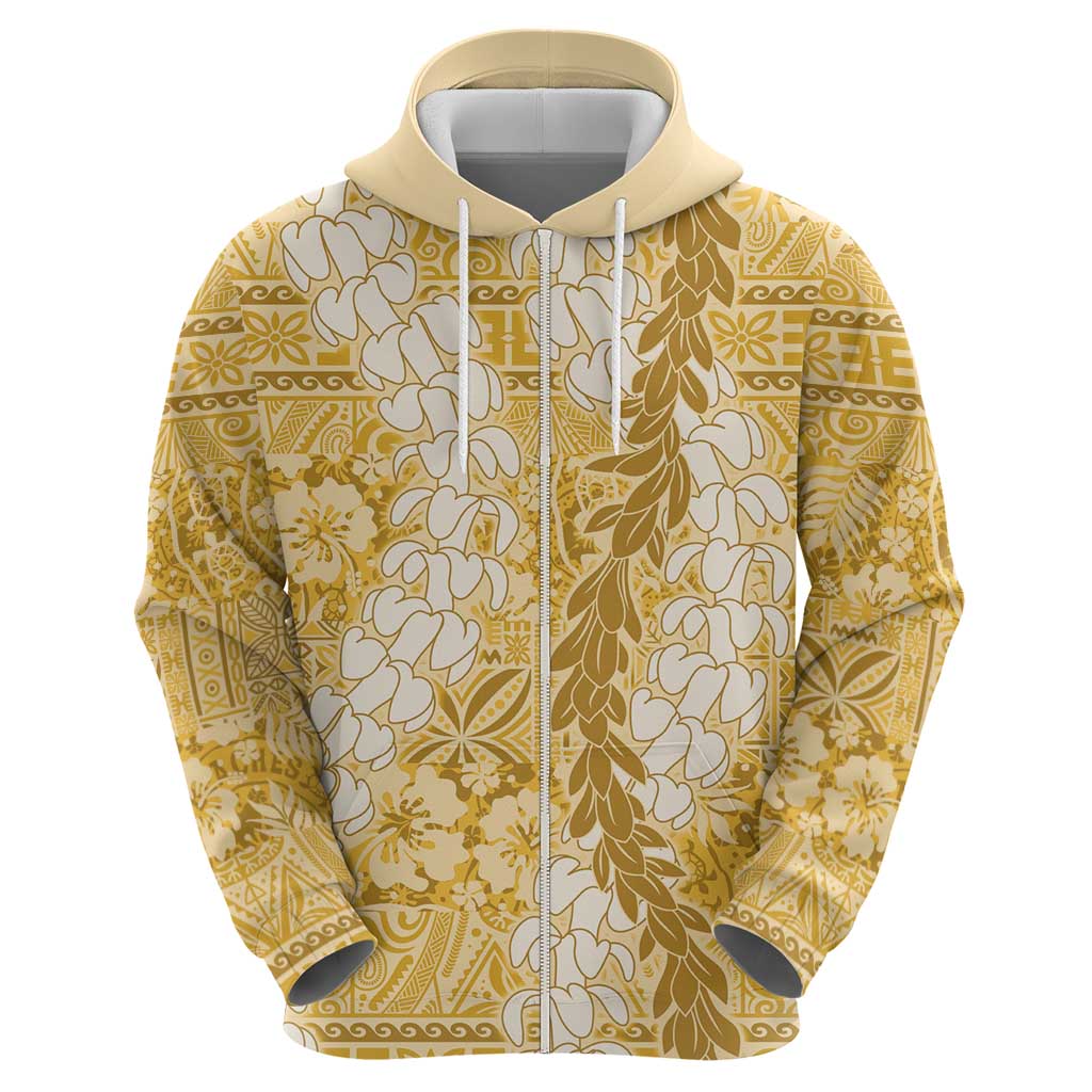 Gold Puakenikeni and Maile Lei Zip Hoodie Hawaiian Style Tribal Tapa Double Strand Lei