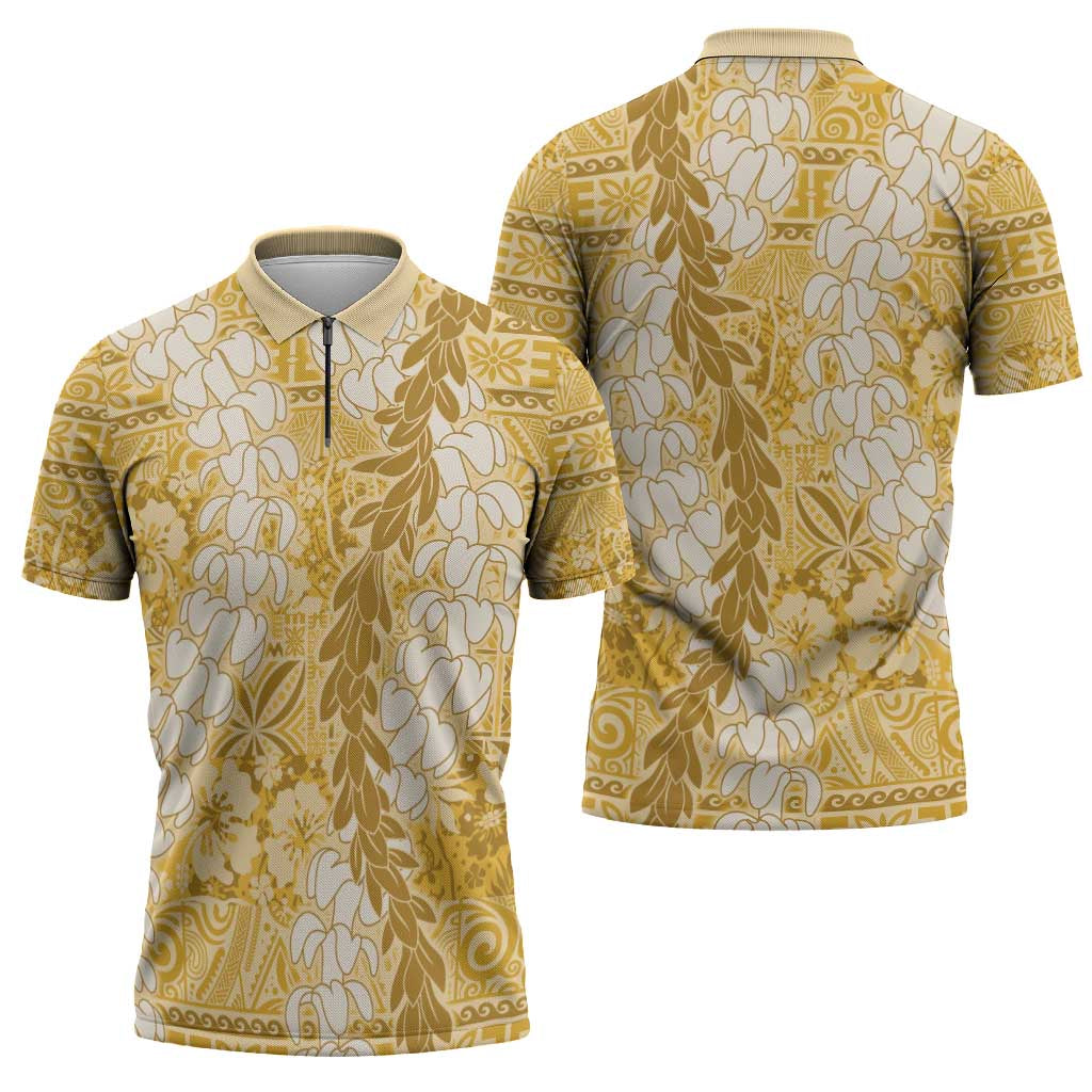 Gold Puakenikeni and Maile Lei Zipper Polo Shirt Hawaiian Style Tribal Tapa Double Strand Lei - Polynesian Pride