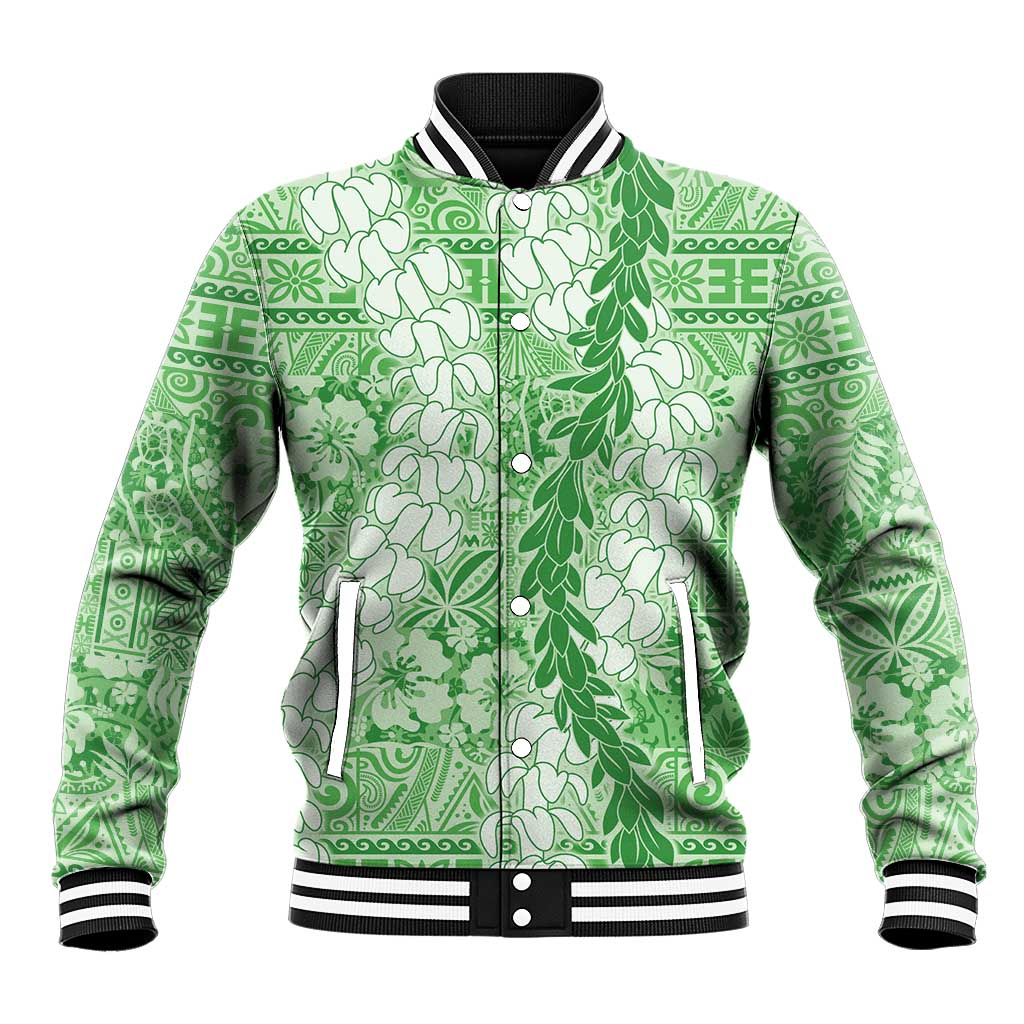 Green Puakenikeni and Maile Lei Baseball Jacket Hawaiian Style Tribal Tapa Double Strand Lei LT9 Unisex Green - Polynesian Pride