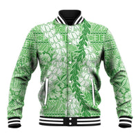 Green Puakenikeni and Maile Lei Baseball Jacket Hawaiian Style Tribal Tapa Double Strand Lei LT9 Unisex Green - Polynesian Pride