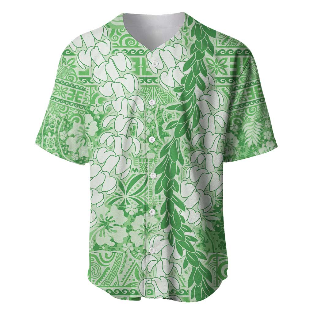 Green Puakenikeni and Maile Lei Baseball Jersey Hawaiian Style Tribal Tapa Double Strand Lei LT9 Green - Polynesian Pride