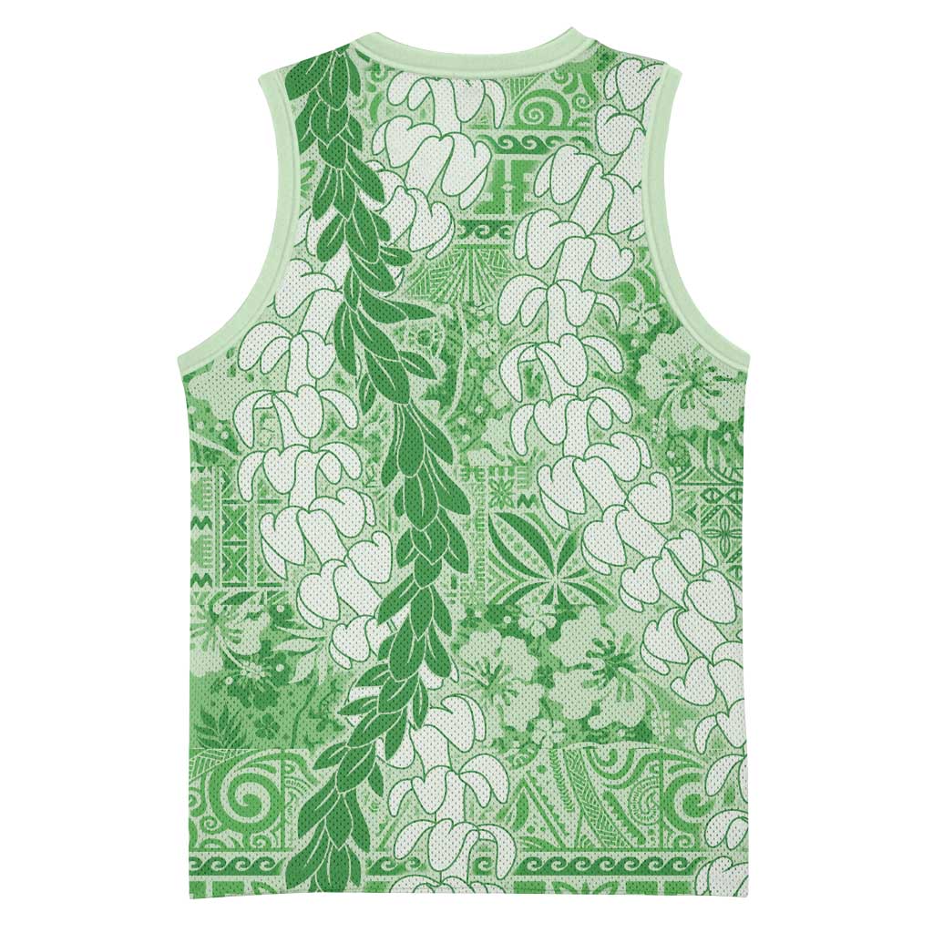 Green Puakenikeni and Maile Lei Basketball Jersey Hawaiian Style Tribal Tapa Double Strand Lei - Polynesian Pride