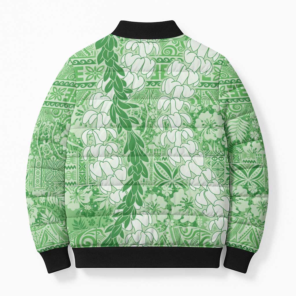Green Puakenikeni and Maile Lei Bomber Puffer Jacket Hawaiian Style Tribal Tapa Double Strand Lei - Polynesian Pride