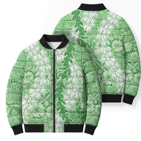 Green Puakenikeni and Maile Lei Bomber Puffer Jacket Hawaiian Style Tribal Tapa Double Strand Lei - Polynesian Pride