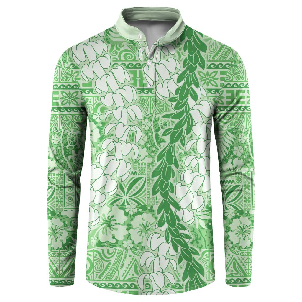 Green Puakenikeni and Maile Lei Button Sweatshirt Hawaiian Style Tribal Tapa Double Strand Lei