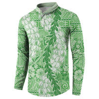 Green Puakenikeni and Maile Lei Button Sweatshirt Hawaiian Style Tribal Tapa Double Strand Lei LT9 - Polynesian Pride