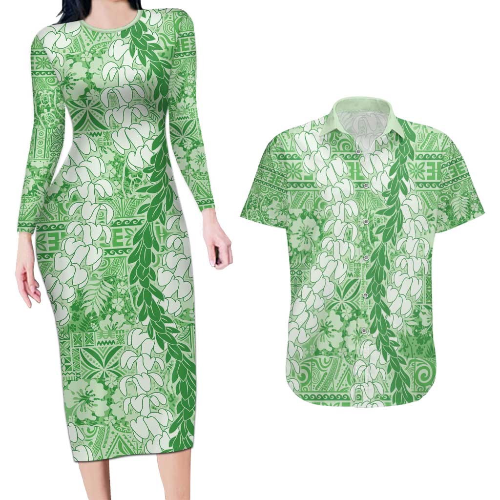 Green Puakenikeni and Maile Lei Couples Matching Long Sleeve Bodycon Dress and Hawaiian Shirt Hawaiian Style Tribal Tapa Double Strand Lei
