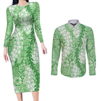 Green Puakenikeni and Maile Lei Couples Matching Long Sleeve Bodycon Dress and Long Sleeve Button Shirt Hawaiian Style Tribal Tapa Double Strand Lei LT9 Green - Polynesian Pride