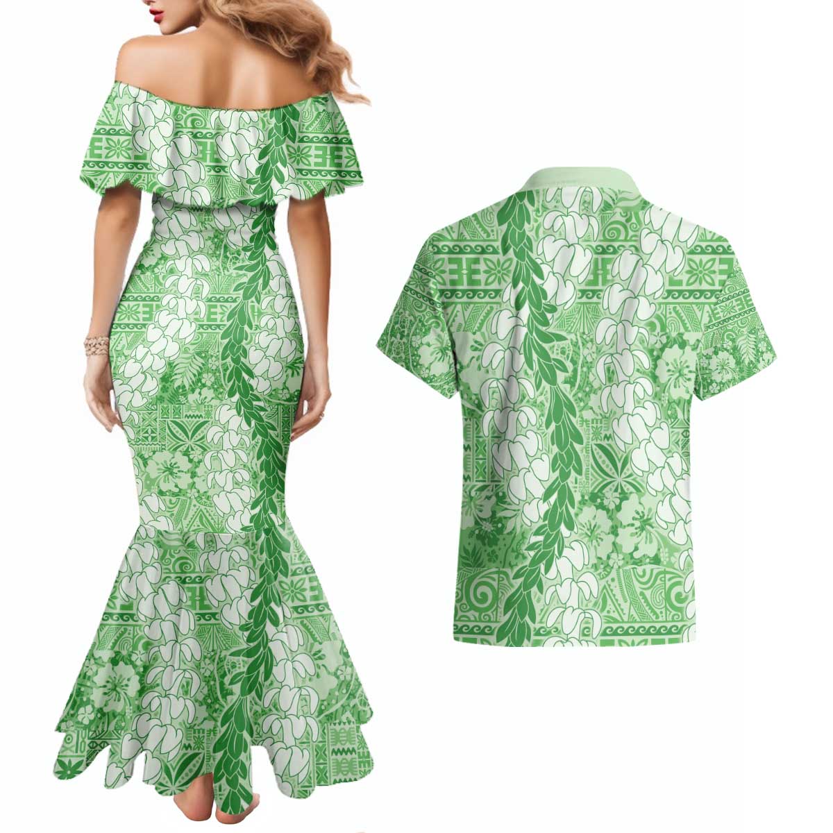 Green Puakenikeni and Maile Lei Couples Matching Mermaid Dress and Hawaiian Shirt Hawaiian Style Tribal Tapa Double Strand Lei LT9 - Polynesian Pride