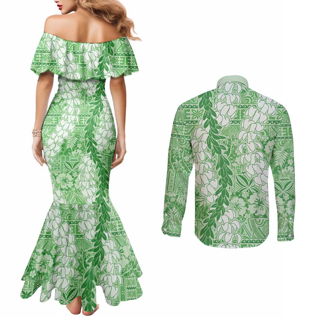 Green Puakenikeni and Maile Lei Couples Matching Mermaid Dress and Long Sleeve Button Shirt Hawaiian Style Tribal Tapa Double Strand Lei LT9 - Polynesian Pride