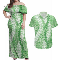 Green Puakenikeni and Maile Lei Couples Matching Off Shoulder Maxi Dress and Hawaiian Shirt Hawaiian Style Tribal Tapa Double Strand Lei LT9 Green - Polynesian Pride