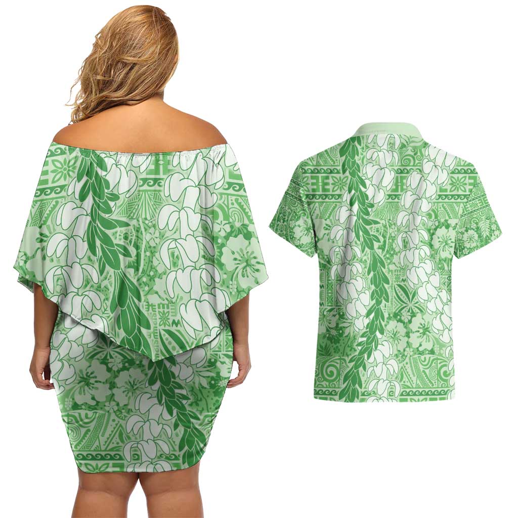 Green Puakenikeni and Maile Lei Couples Matching Off Shoulder Short Dress and Hawaiian Shirt Hawaiian Style Tribal Tapa Double Strand Lei LT9 - Polynesian Pride