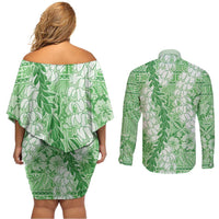 Green Puakenikeni and Maile Lei Couples Matching Off Shoulder Short Dress and Long Sleeve Button Shirt Hawaiian Style Tribal Tapa Double Strand Lei LT9 - Polynesian Pride