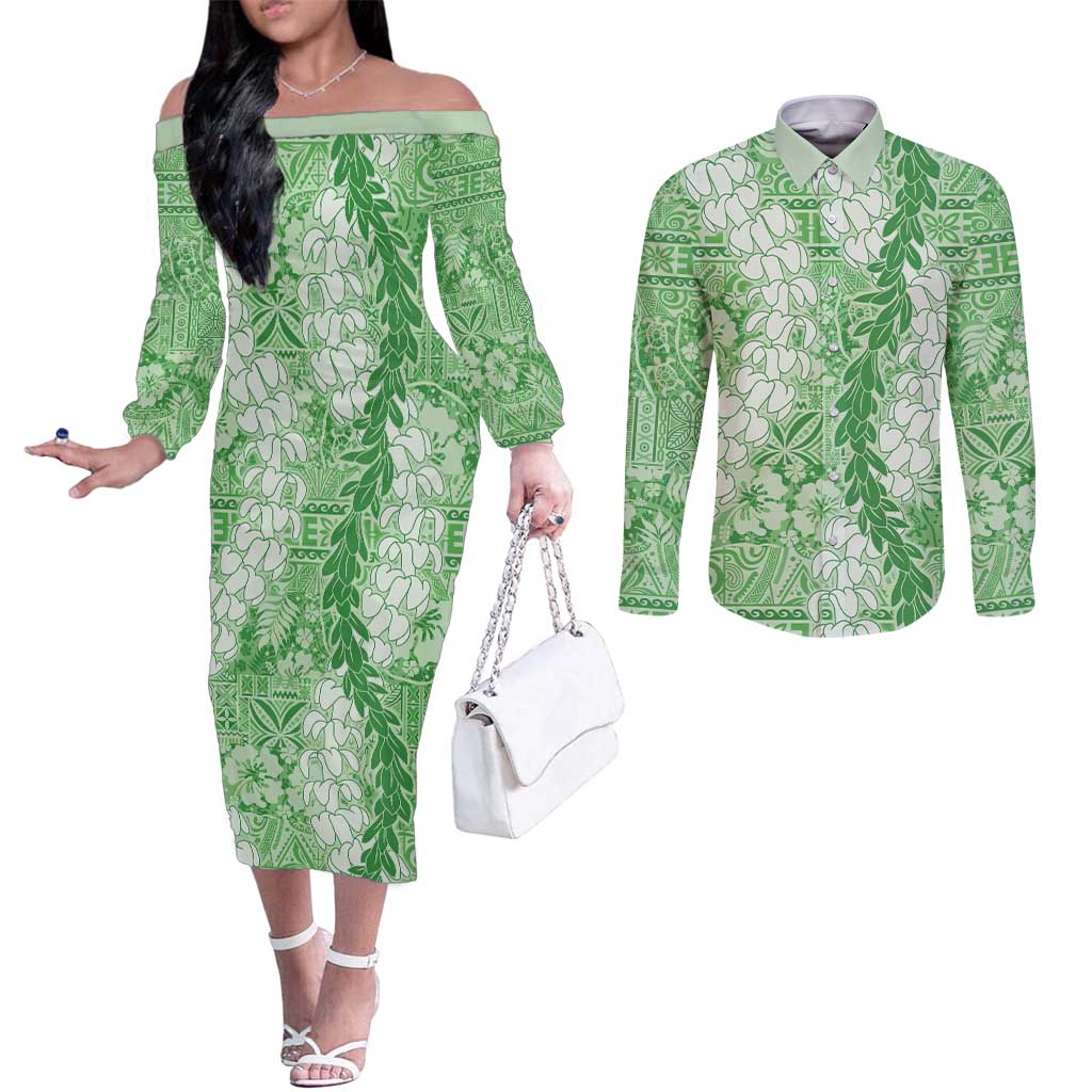 Green Puakenikeni and Maile Lei Couples Matching Off The Shoulder Long Sleeve Dress and Long Sleeve Button Shirt Hawaiian Style Tribal Tapa Double Strand Lei