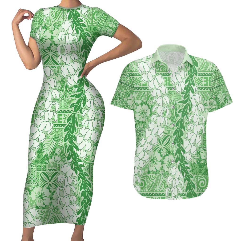 Green Puakenikeni and Maile Lei Couples Matching Short Sleeve Bodycon Dress and Hawaiian Shirt Hawaiian Style Tribal Tapa Double Strand Lei