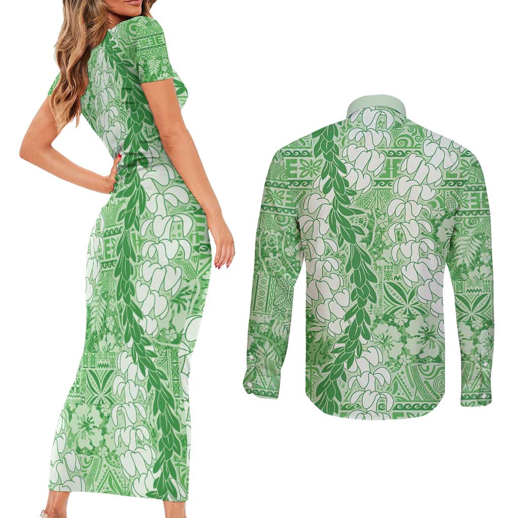 Green Puakenikeni and Maile Lei Couples Matching Short Sleeve Bodycon Dress and Long Sleeve Button Shirt Hawaiian Style Tribal Tapa Double Strand Lei LT9 - Polynesian Pride