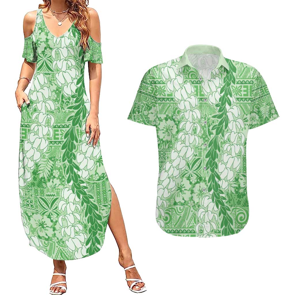 Green Puakenikeni and Maile Lei Couples Matching Summer Maxi Dress and Hawaiian Shirt Hawaiian Style Tribal Tapa Double Strand Lei