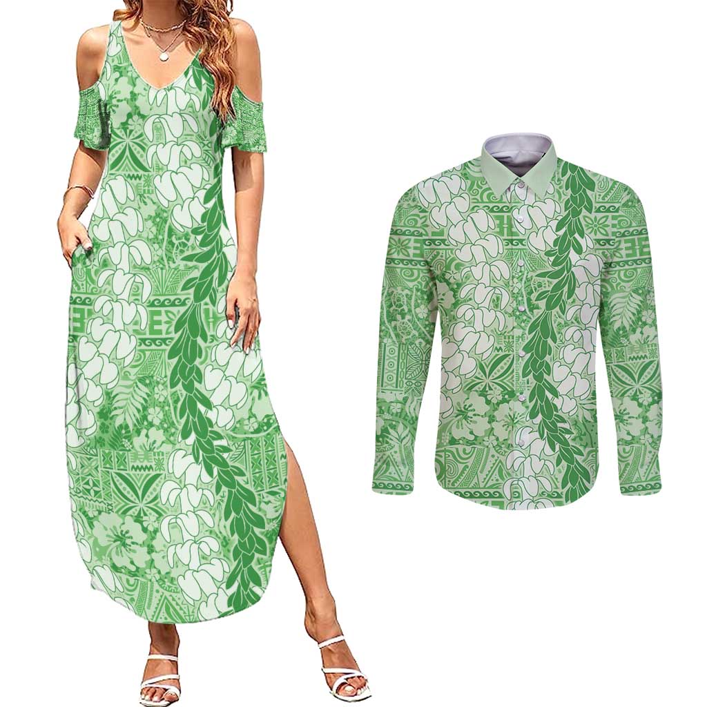 Green Puakenikeni and Maile Lei Couples Matching Summer Maxi Dress and Long Sleeve Button Shirt Hawaiian Style Tribal Tapa Double Strand Lei