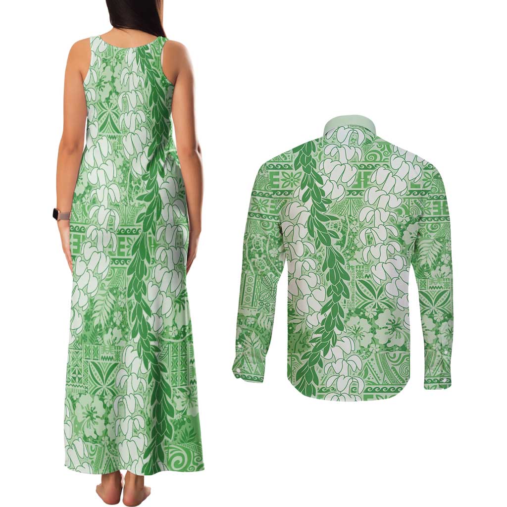 Green Puakenikeni and Maile Lei Couples Matching Tank Maxi Dress and Long Sleeve Button Shirt Hawaiian Style Tribal Tapa Double Strand Lei LT9 - Polynesian Pride