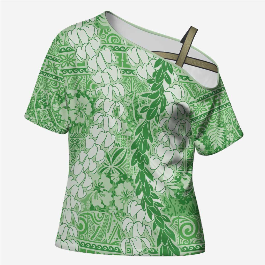 Green Puakenikeni and Maile Lei Cross Shoulder Shirt Hawaiian Style Tribal Tapa Double Strand Lei - Polynesian Pride
