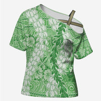 Green Puakenikeni and Maile Lei Cross Shoulder Shirt Hawaiian Style Tribal Tapa Double Strand Lei - Polynesian Pride