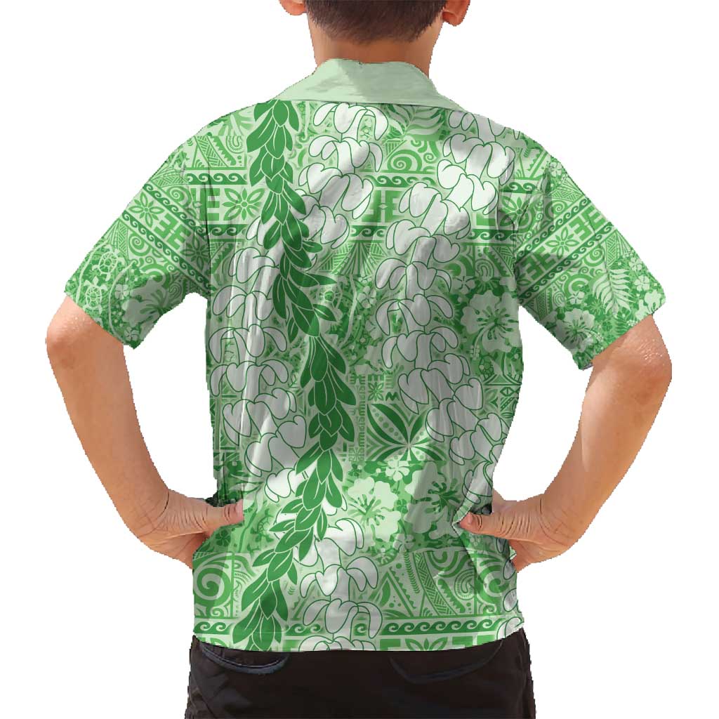 Green Puakenikeni and Maile Lei Family Matching Long Sleeve Bodycon Dress and Hawaiian Shirt Hawaiian Style Tribal Tapa Double Strand Lei LT9 - Polynesian Pride
