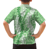 Green Puakenikeni and Maile Lei Family Matching Long Sleeve Bodycon Dress and Hawaiian Shirt Hawaiian Style Tribal Tapa Double Strand Lei LT9 - Polynesian Pride