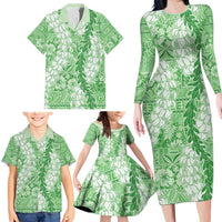 Green Puakenikeni and Maile Lei Family Matching Long Sleeve Bodycon Dress and Hawaiian Shirt Hawaiian Style Tribal Tapa Double Strand Lei LT9 - Polynesian Pride