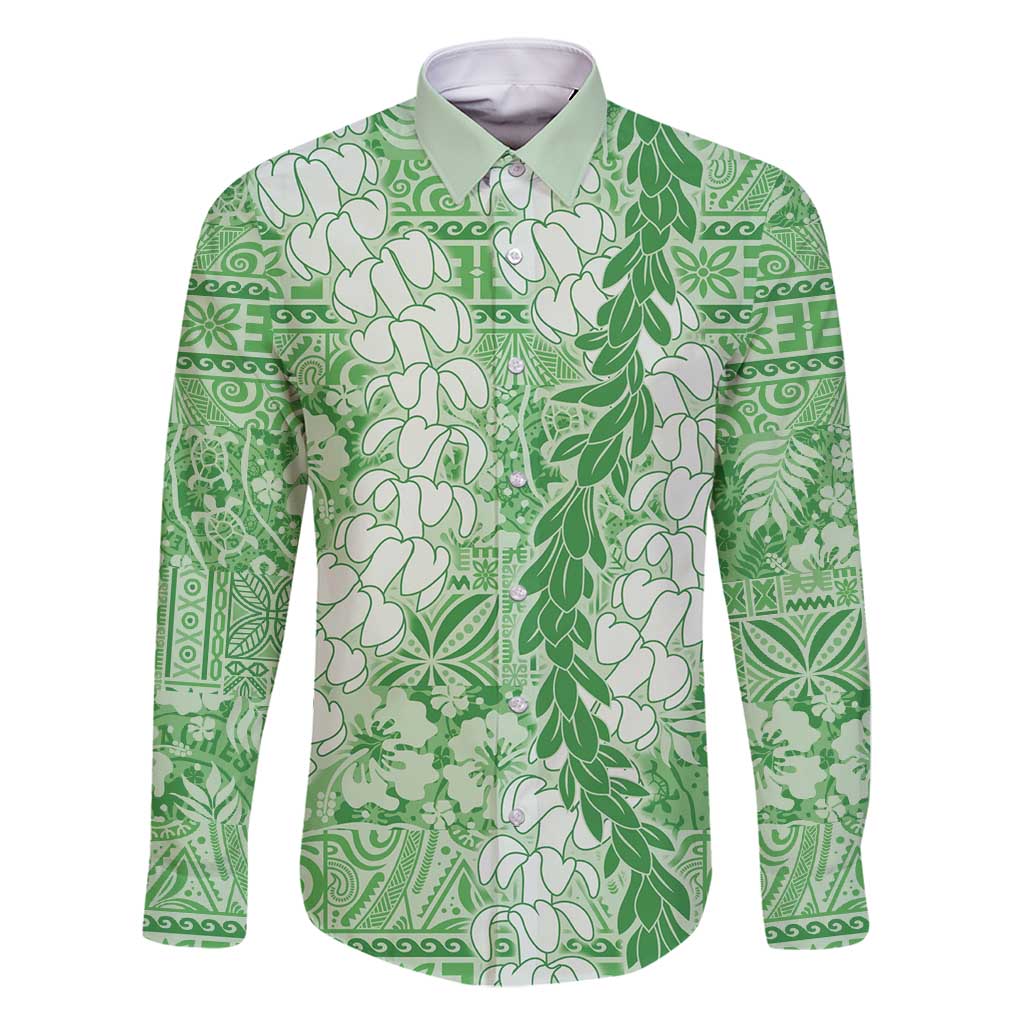 Green Puakenikeni and Maile Lei Family Matching Long Sleeve Bodycon Dress and Hawaiian Shirt Hawaiian Style Tribal Tapa Double Strand Lei LT9 Dad's Shirt - Long Sleeve Green - Polynesian Pride