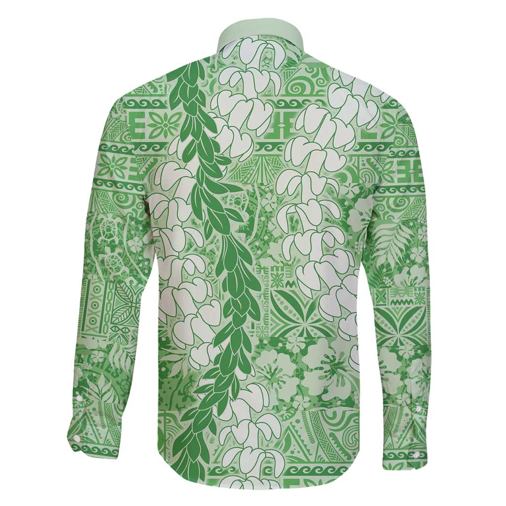 Green Puakenikeni and Maile Lei Family Matching Long Sleeve Bodycon Dress and Hawaiian Shirt Hawaiian Style Tribal Tapa Double Strand Lei LT9 - Polynesian Pride