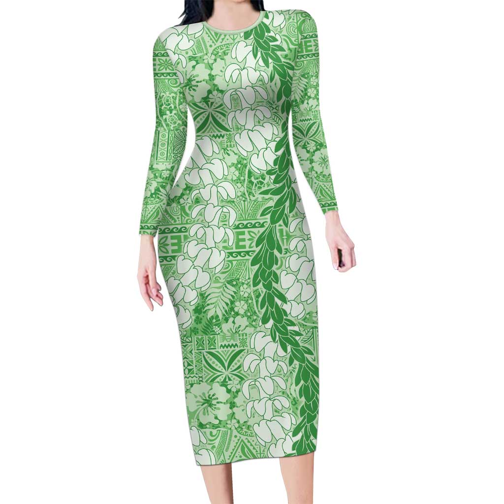 Green Puakenikeni and Maile Lei Family Matching Long Sleeve Bodycon Dress and Hawaiian Shirt Hawaiian Style Tribal Tapa Double Strand Lei LT9 Mom's Dress Green - Polynesian Pride