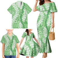 Green Puakenikeni and Maile Lei Family Matching Mermaid Dress and Hawaiian Shirt Hawaiian Style Tribal Tapa Double Strand Lei LT9 - Polynesian Pride