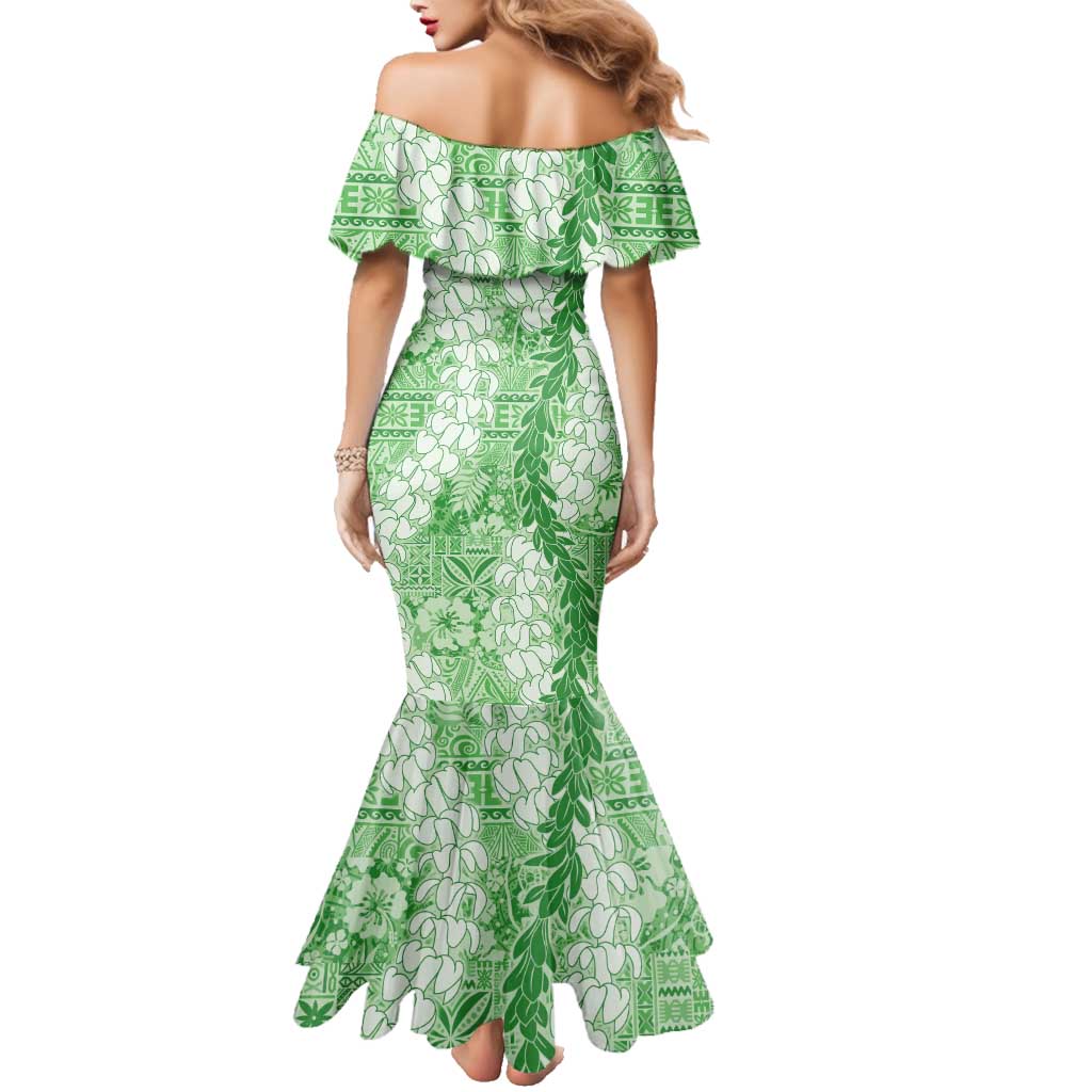 Green Puakenikeni and Maile Lei Family Matching Mermaid Dress and Hawaiian Shirt Hawaiian Style Tribal Tapa Double Strand Lei LT9 - Polynesian Pride
