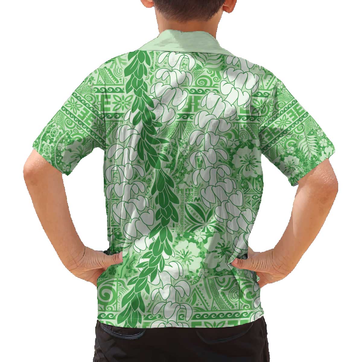 Green Puakenikeni and Maile Lei Family Matching Off The Shoulder Long Sleeve Dress and Hawaiian Shirt Hawaiian Style Tribal Tapa Double Strand Lei