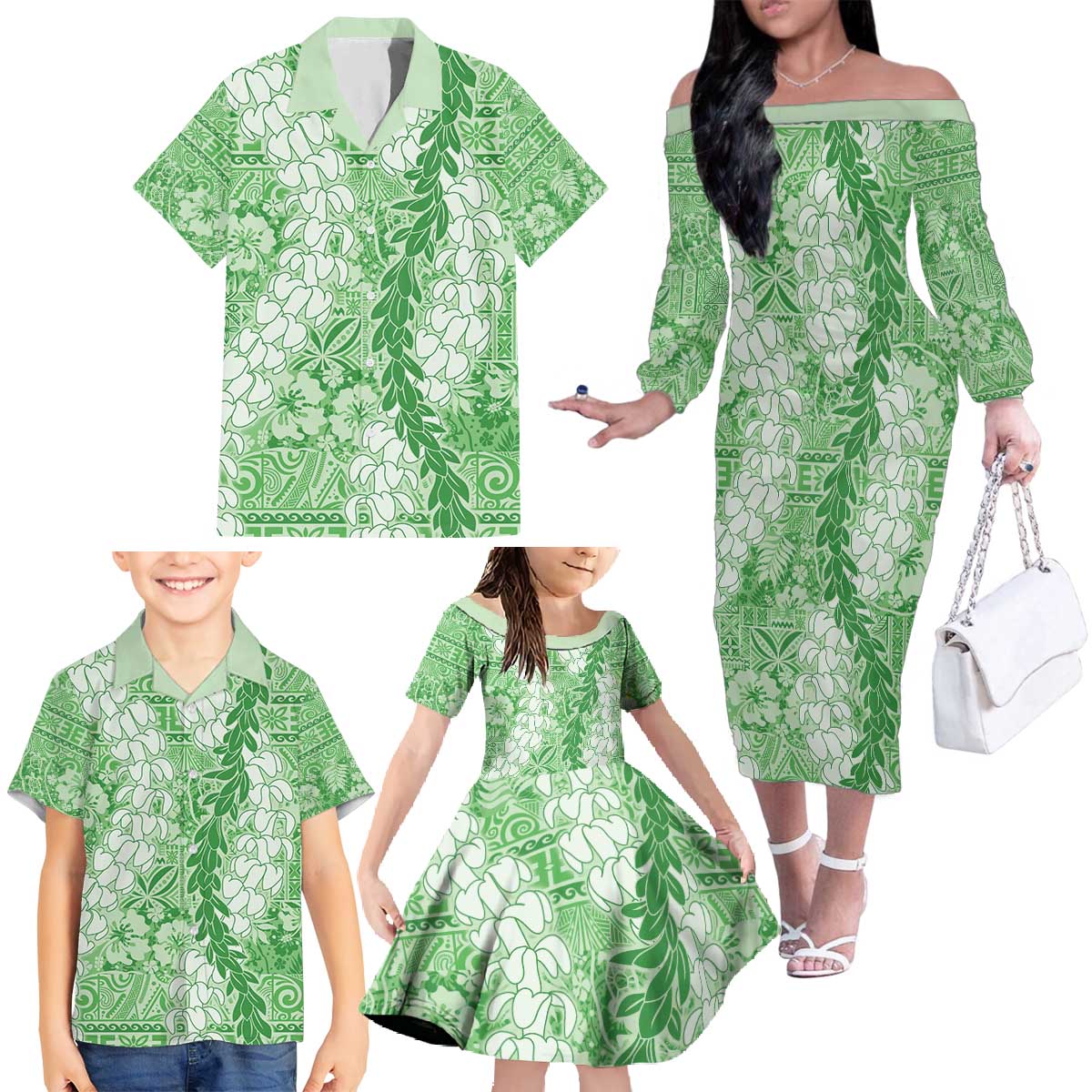 Green Puakenikeni and Maile Lei Family Matching Off The Shoulder Long Sleeve Dress and Hawaiian Shirt Hawaiian Style Tribal Tapa Double Strand Lei