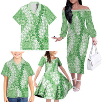 Green Puakenikeni and Maile Lei Family Matching Off The Shoulder Long Sleeve Dress and Hawaiian Shirt Hawaiian Style Tribal Tapa Double Strand Lei