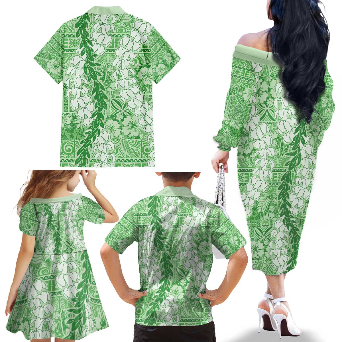 Green Puakenikeni and Maile Lei Family Matching Off The Shoulder Long Sleeve Dress and Hawaiian Shirt Hawaiian Style Tribal Tapa Double Strand Lei