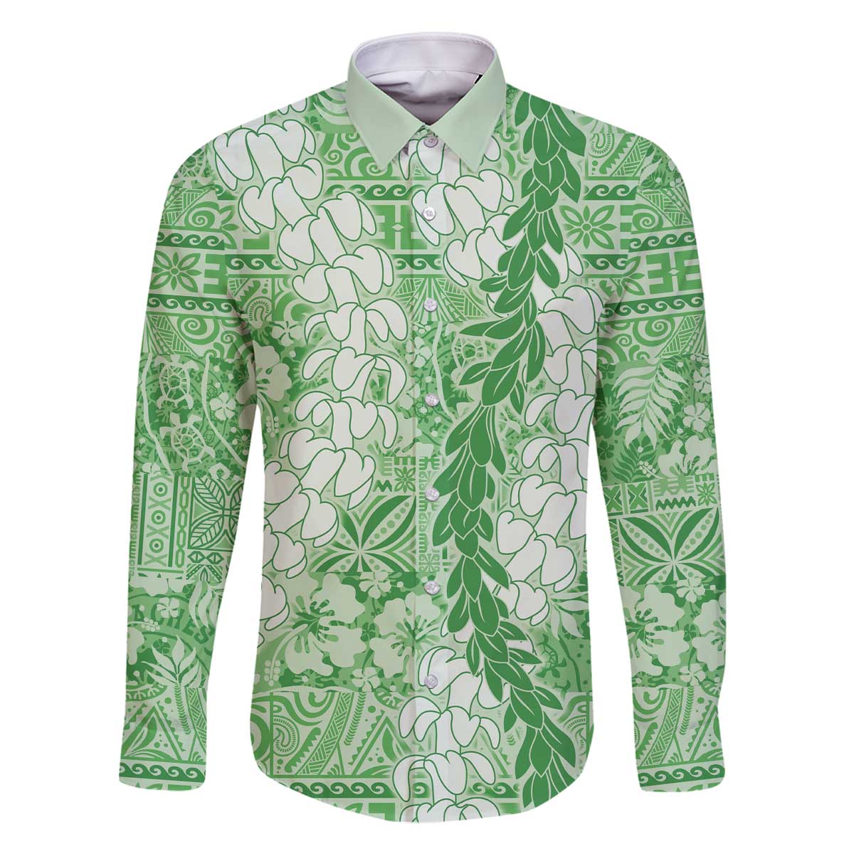 Green Puakenikeni and Maile Lei Family Matching Off The Shoulder Long Sleeve Dress and Hawaiian Shirt Hawaiian Style Tribal Tapa Double Strand Lei