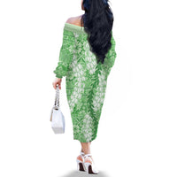 Green Puakenikeni and Maile Lei Family Matching Off The Shoulder Long Sleeve Dress and Hawaiian Shirt Hawaiian Style Tribal Tapa Double Strand Lei