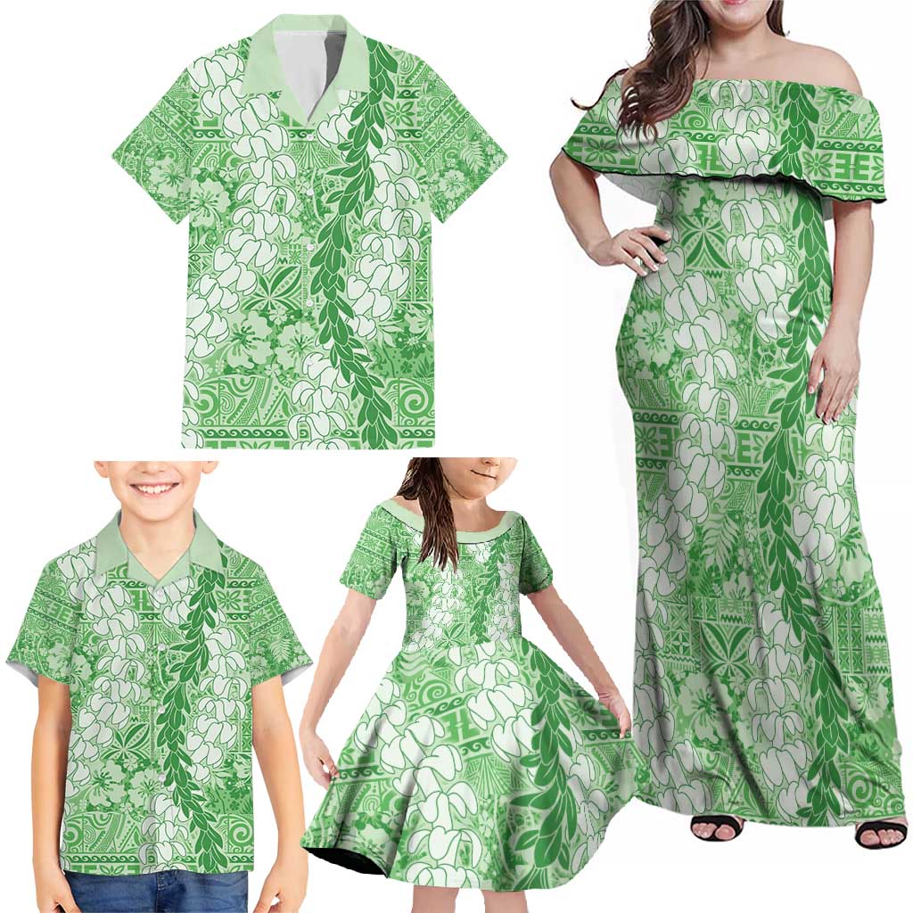 Green Puakenikeni and Maile Lei Family Matching Off Shoulder Maxi Dress and Hawaiian Shirt Hawaiian Style Tribal Tapa Double Strand Lei LT9 - Polynesian Pride
